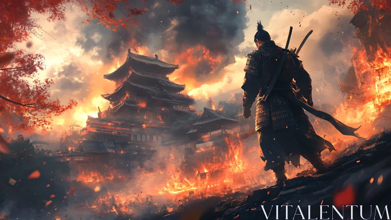 Armored samurai surveys burning pagoda in cinematic inferno