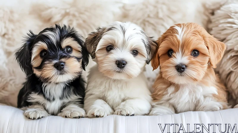 Three small fluffy puppies resting on soft white bedding.