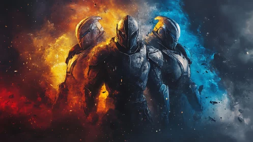 Triad of armored space knights amid bifurcated firestorm