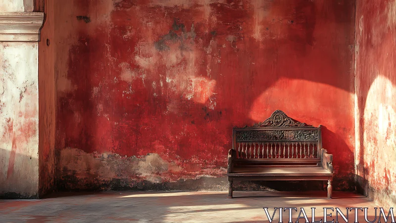 Weathered red stucco wall with carved wooden bench in sidelight
