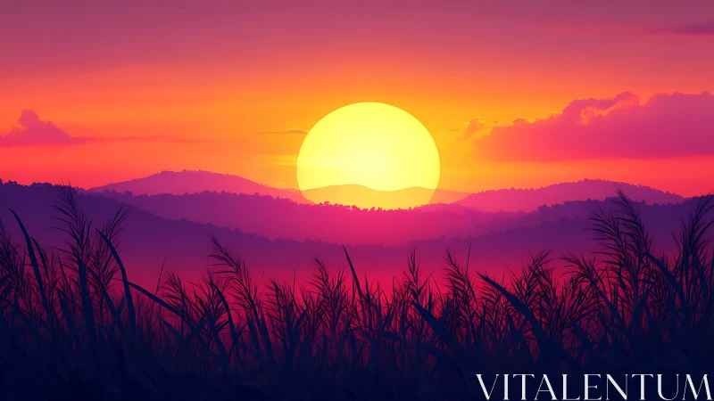 Radiant sun sinks over violet hills and wild grass silhouettes