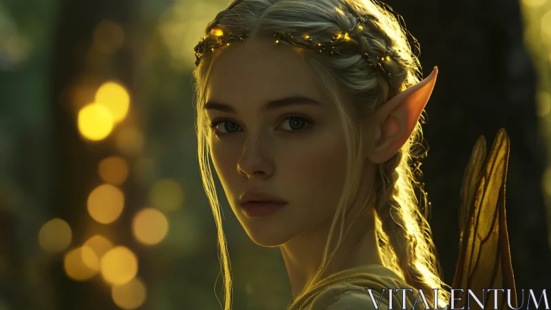 Elven figure with braided hair and wings in forest light.