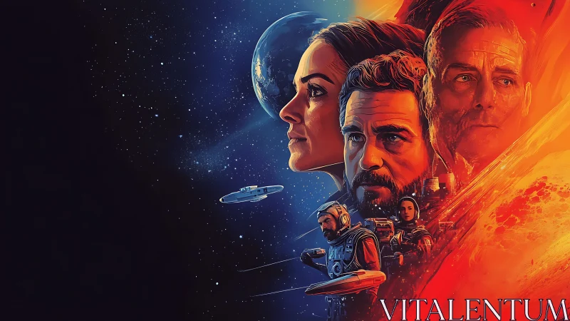 Split cosmos portrait of astronauts between Earth and fire.