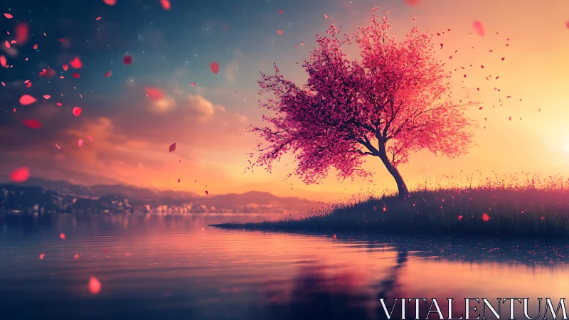 Solitary cherry tree on lakeside peninsula at vivid sunset