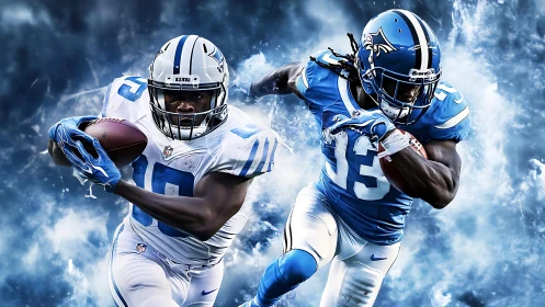 Intense American football duel with two running backs.