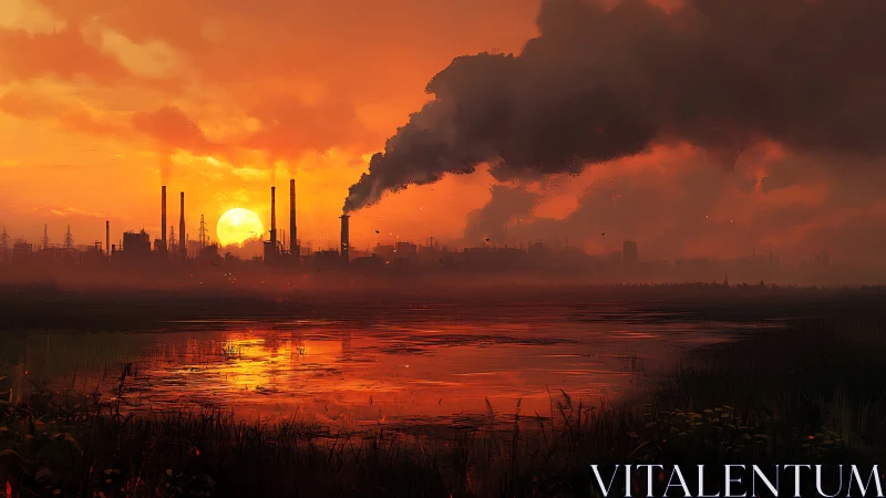 Golden sunset over smokestacks and a quiet reflective lake.