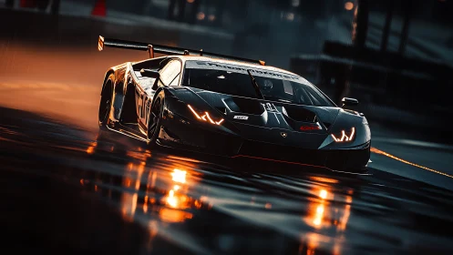 Lamborghini race car on wet night circuit under track lights.