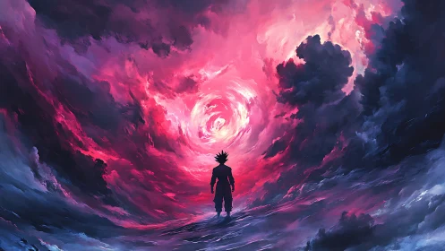 Silhouetted figure under swirling red and blue storm sky.