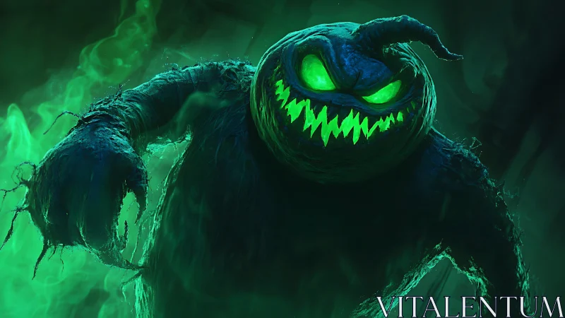 Digital painting of toxic neon pumpkin wraith in misty void.