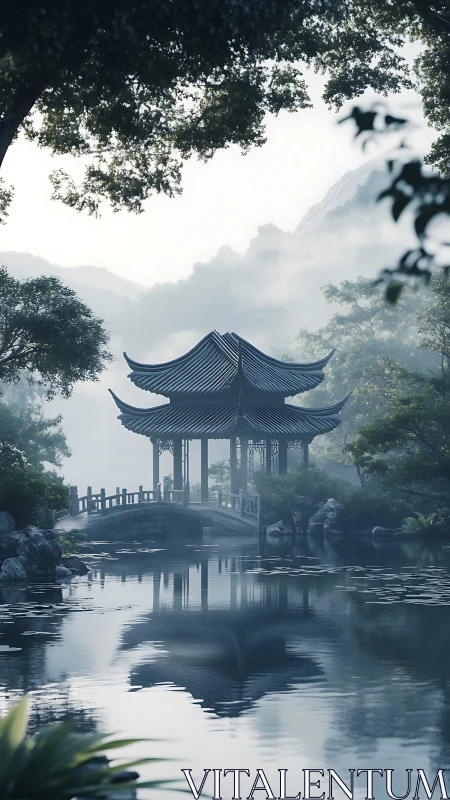 Lakeside pavilion stands over calm water in misty mountains