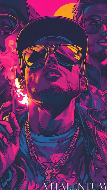 Neon-lit rapper portrait under bold magenta sunset glow.