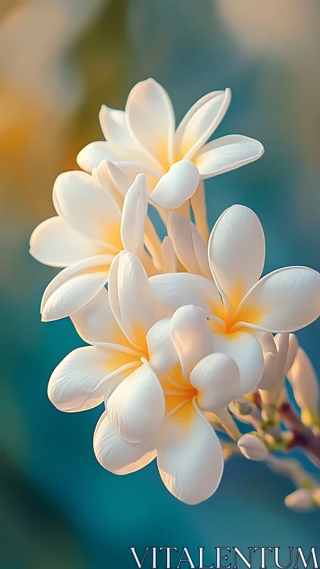 White plumeria flowers with golden yellow centers on blurred teal background