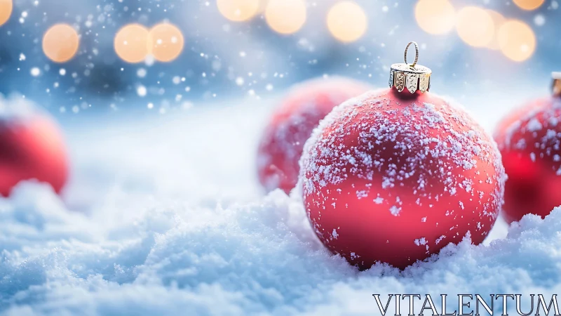 Snow-kissed crimson baubles bask in frosted holiday hush.