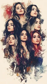 Multiple stylized female portraits merge with abstract paint