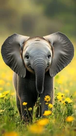 Baby elephant strolling through a golden flower meadow.