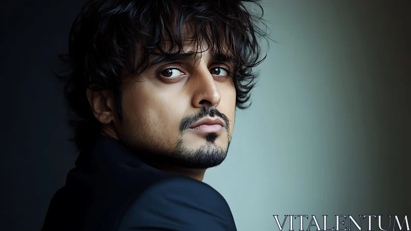 Brooding gaze in teal light, a quiet storm in profile.