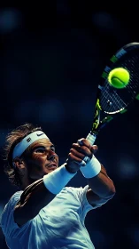 Photorealistic tennis backhand under dramatic arena lighting.