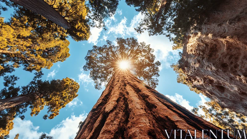 Upward view of tall conifer trees with central sunburst light