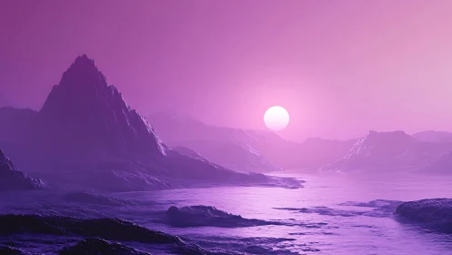 3D alien coastline at violet dusk with backlit mountain forms.