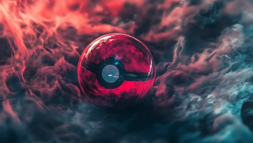 Glowing red orb hovers amid swirling neon mist and smoke.