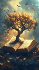 Golden storybook tree grows from open pages in light.