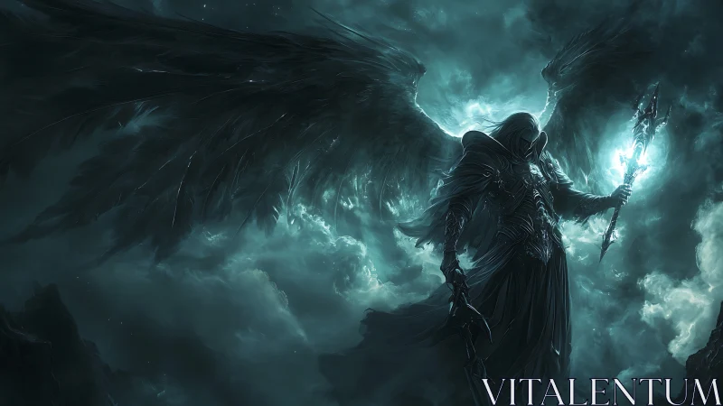 Stormlit Reaper Angel Poised Above a Roaring Midnight Sky.