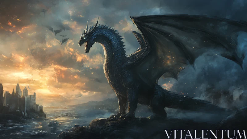 Stormlit dragon overlooking burning coastal citadel at dusk.