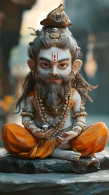 Hyperreal chibi sage figurine in orange robes meditative pose