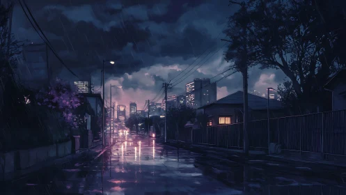 Rainy cityside evening with glowing windows and quiet streets.