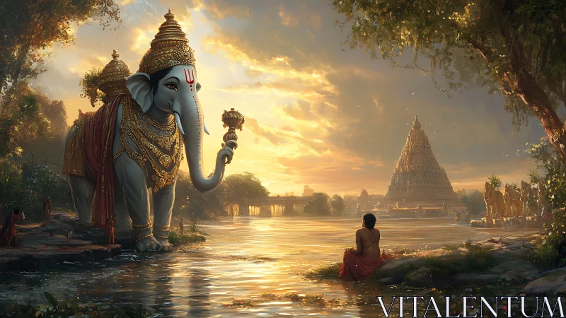 Elephant deity by riverside with distant stepped temple at dusk.