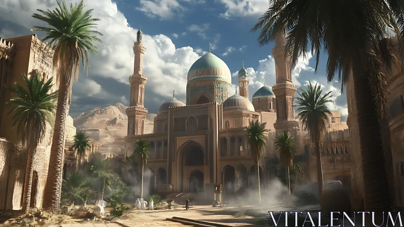 Desert city courtyard surrounds ornate domed mosque complex