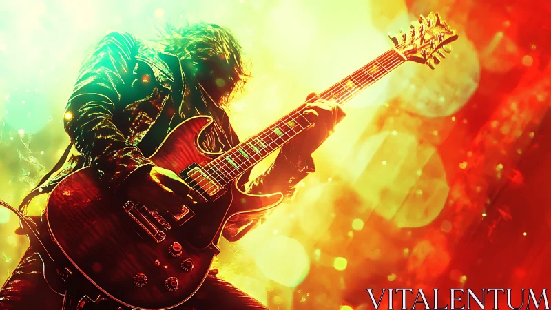 Guitarist silhouette holds electric guitar amid saturated lights