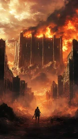 Lone warrior confronts a burning citadel in apocalyptic fire