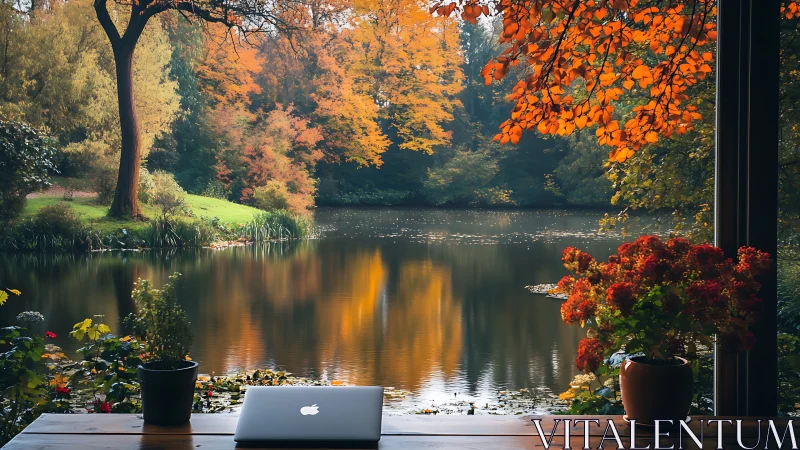 Laptop on wooden desk overlooking calm autumn lake scene