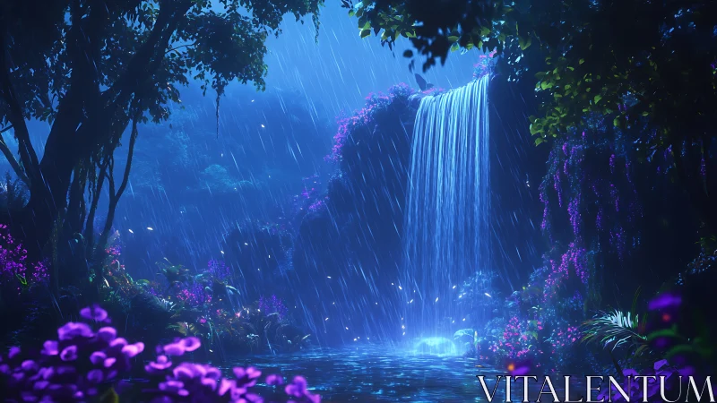 Luminous rainforest waterfall under nocturnal blue rain