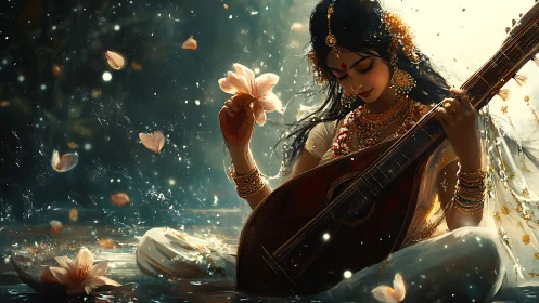 Lotus strings and starlit song bathing a golden river of calm.