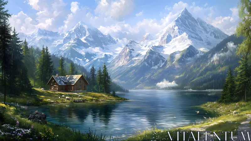Alpine lakeside cabin beneath expansive snowcapped peaks.