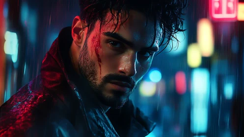 Rain-slicked vigilante stalks neon alleys with wounded glare.