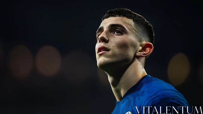 Football player looks upward under stadium floodlights at night