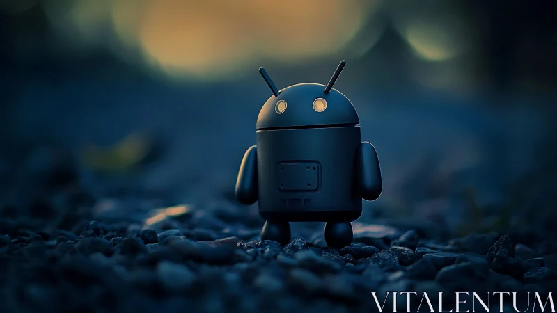 Lonely android figurine glows softly in a moody dusk landscape.