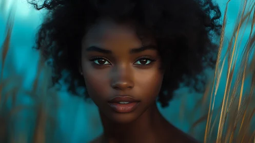 Digital portrait of young woman in teal field setting.