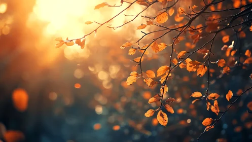 Golden autumn leaves glow softly in warm evening light