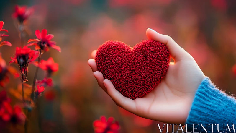 Textured Heart Form Held in Hand Against Botanical Bokeh.