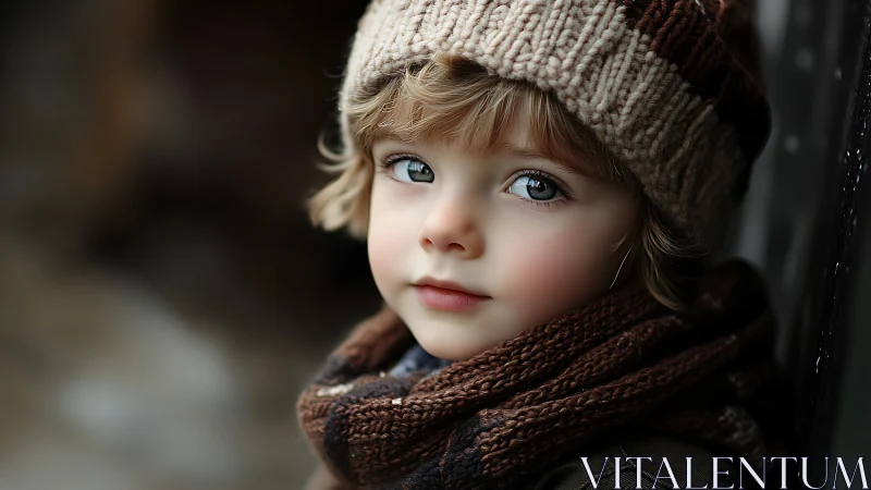 Young child in winter warmth, gazing thoughtfully outdoors