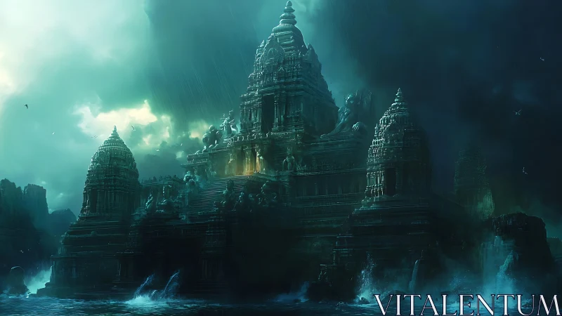 Storm-lit ocean temple rises from mist and crashing waves.