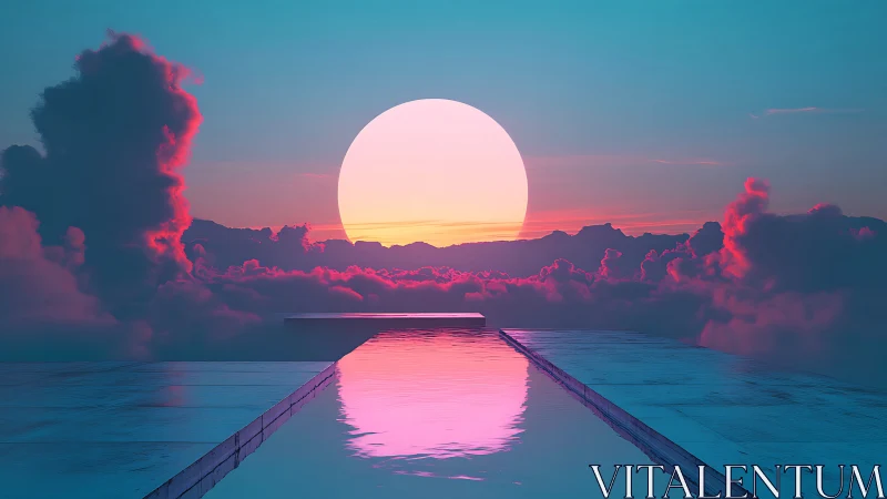 Elevated reflective pool aligns with oversized neon sun disc