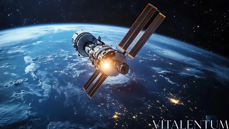 Orbital nightwatch satellite gliding above luminous Earth.