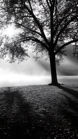 Backlit arboreal silhouette with axial sunbeams over misted water.