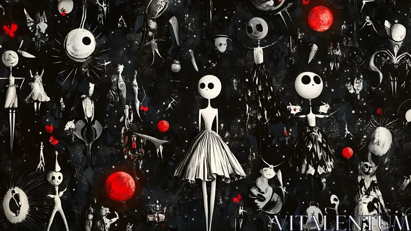 Surreal skeletal figures drift through a red moonlit cosmos
