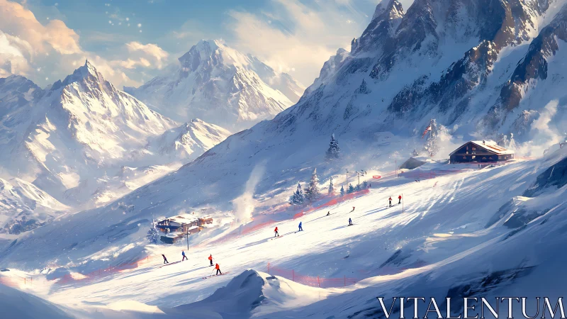 Sunlit ski slope winding through tranquil alpine peaks.